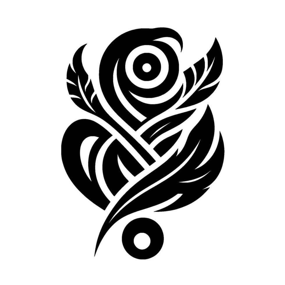 A stylized, symmetrical black and white featuring a central spiral reminiscent of an eye or rose, intertwined with abstract leaf and feather shapes, and a circular element below. vector