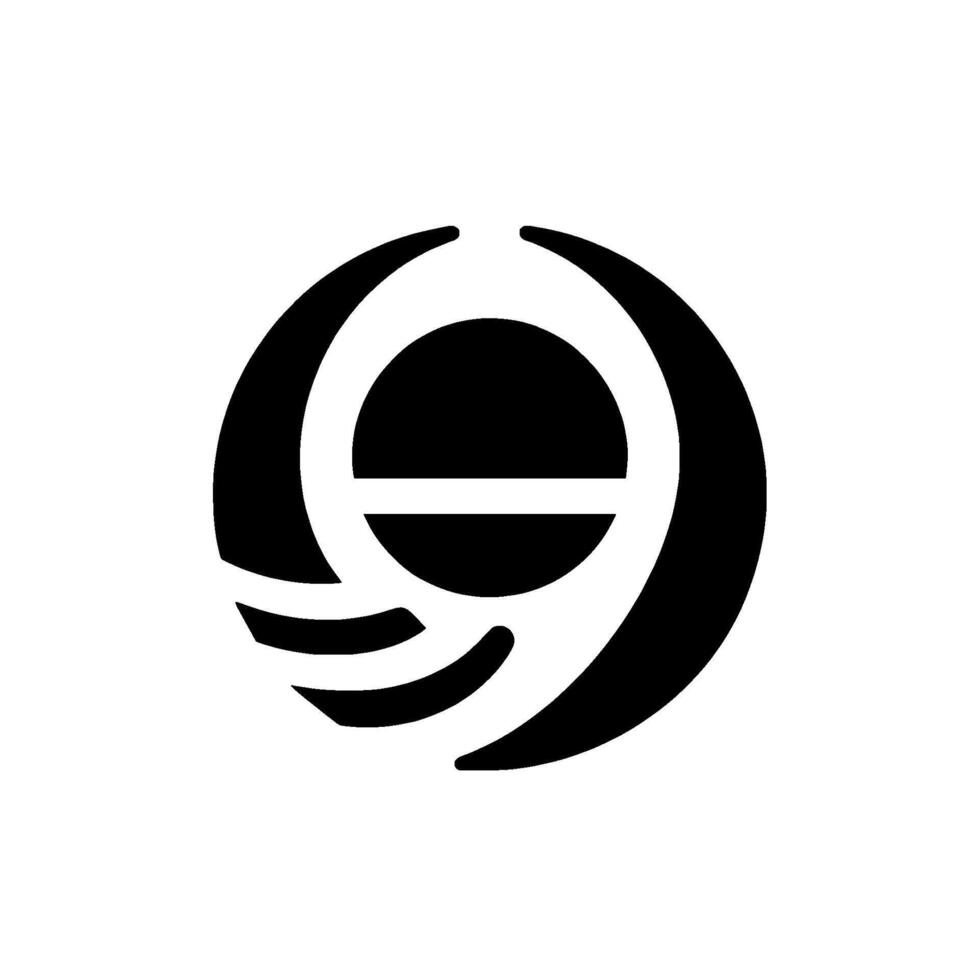 Bold, minimalist black featuring a spherical form with horizontal line and curved accents against stark white background. vector