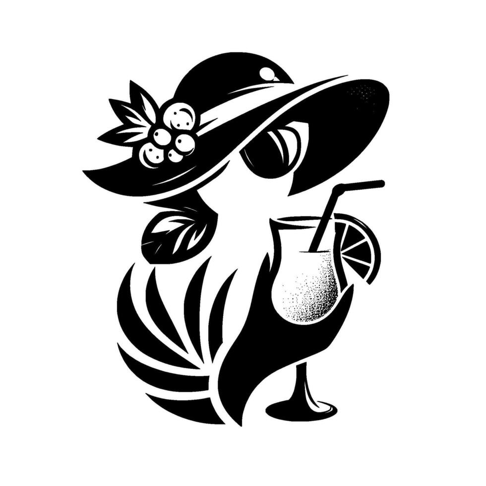 Elegant Silhouette of a Woman in a Sun Hat, Sunglasses, and Holding a Cocktail with a Lemon Slice, in Black and White. vector