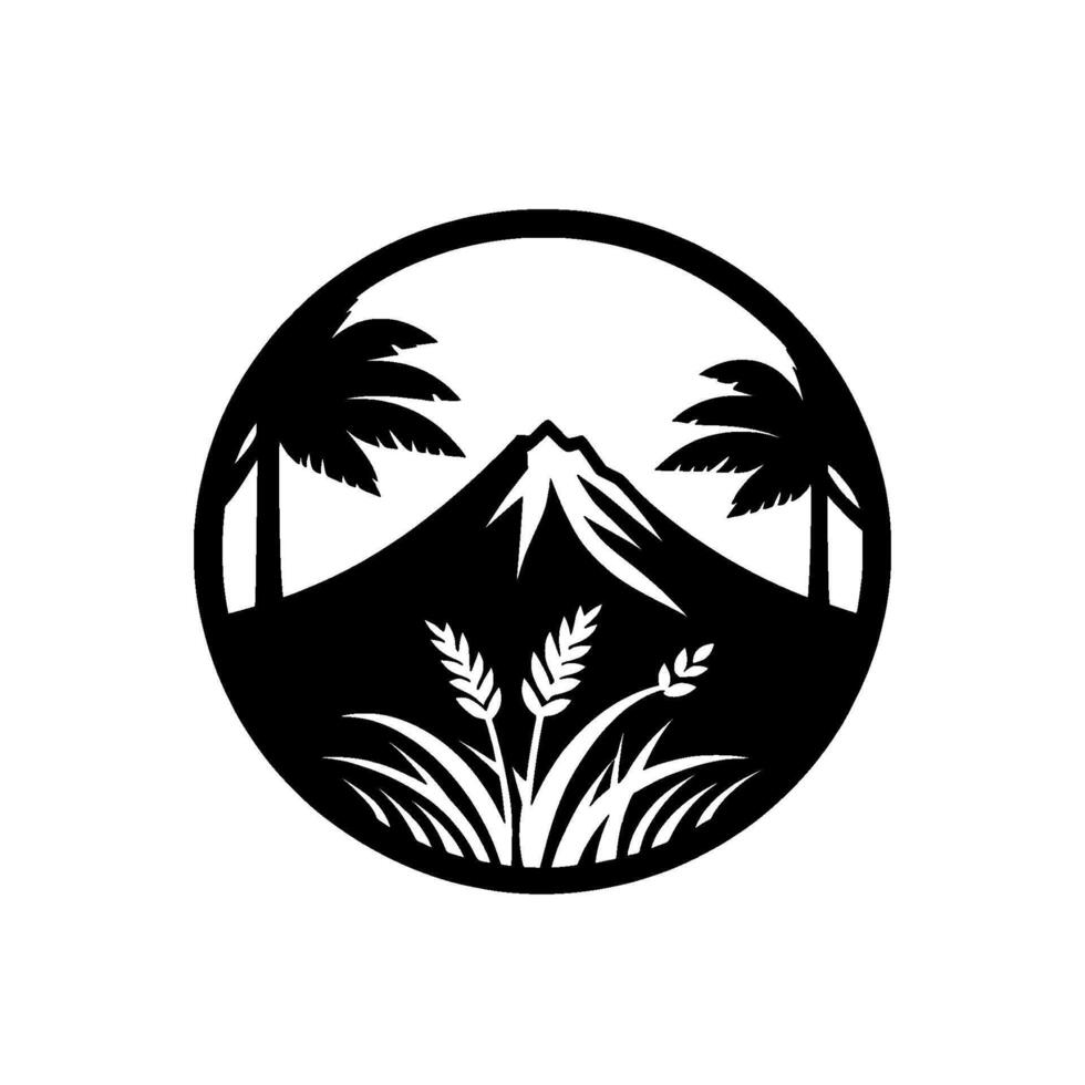 Black and white circular illustration mountain landscape with palm trees, crops, and tall grass. Minimalist design. vector