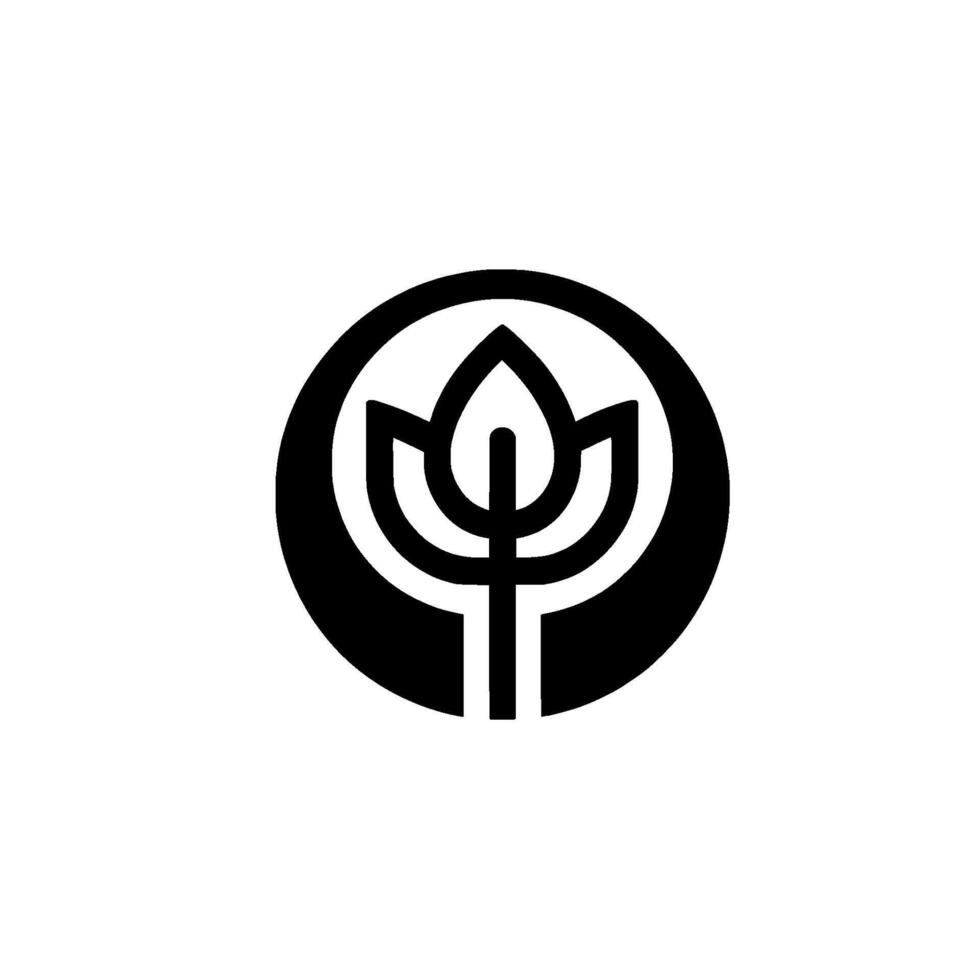 Minimalist black and white circular featuring a stylized floral emblem, set against a bright white background. vector