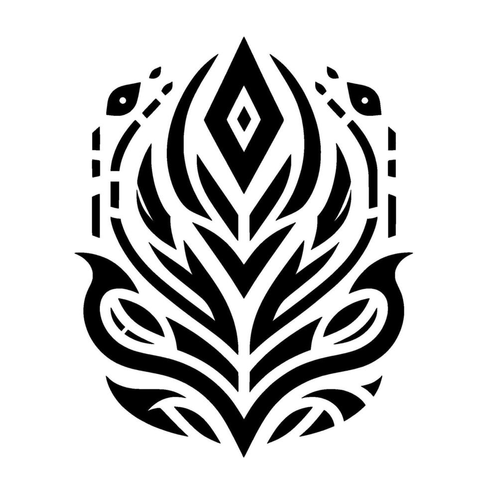 Symmetrical Black White Tribal Floral Emblem, featuring intricate geometric patterns, diamond, leaf, and stylized elements, set against a minimalist backdrop. vector