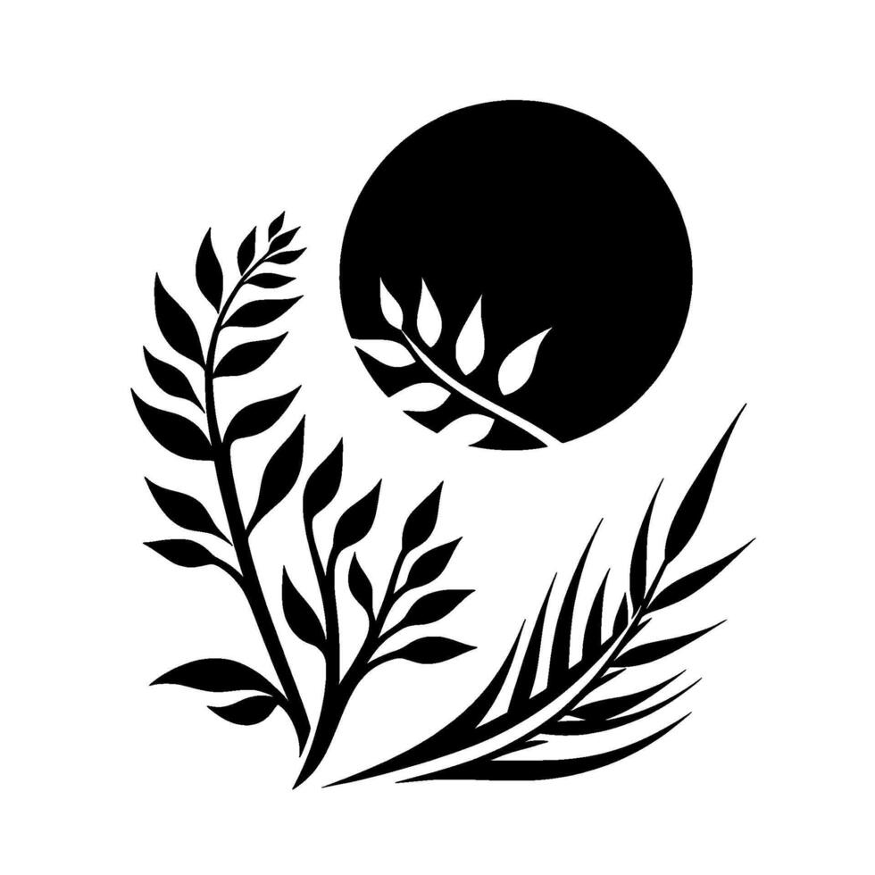 Abstract black and white botanical illustration featuring stylized foliage surrounding a central black circle, evoking simplicity and elegance. vector