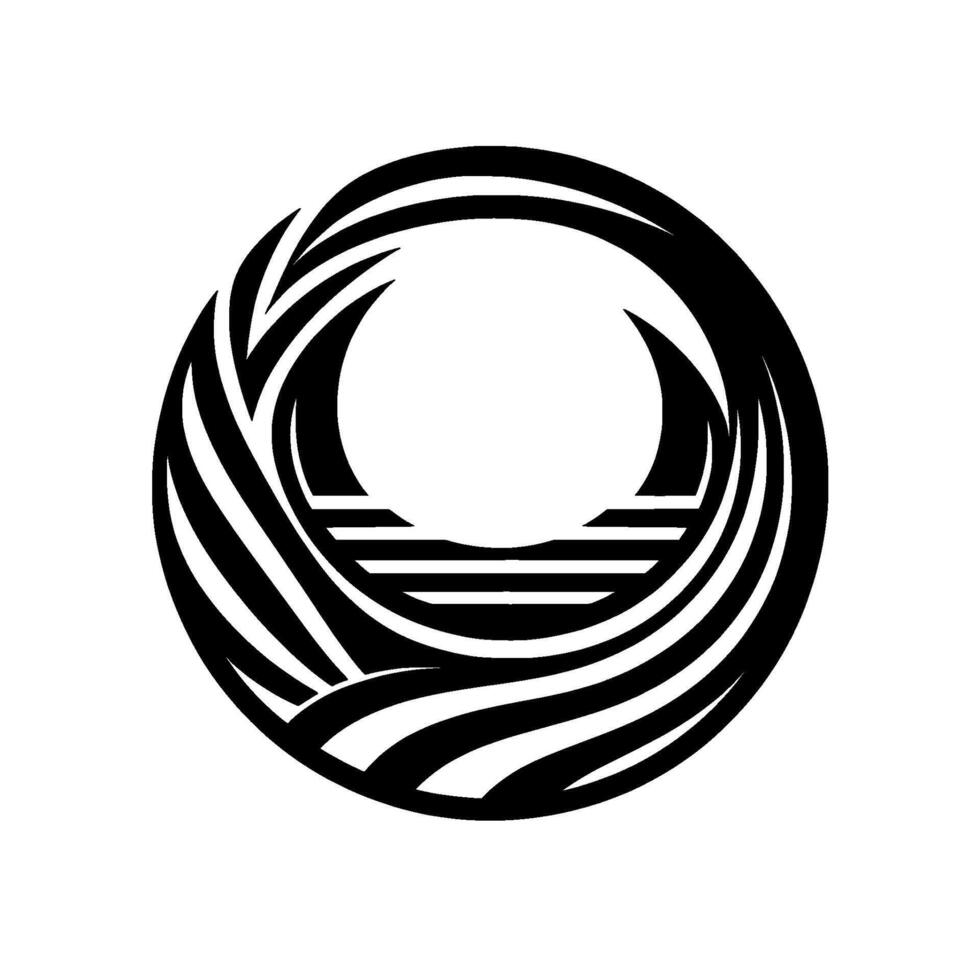 A stylized, circular showcasing concentric, black and white curved shapes encircling a central void, giving an abstracted natural element. vector