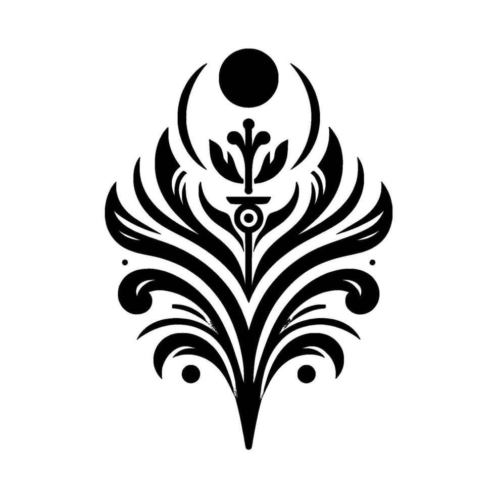An elegant symmetrical black and white featuring stylized floral elements, a central eyelike focal point, and ornamental flourishes. vector