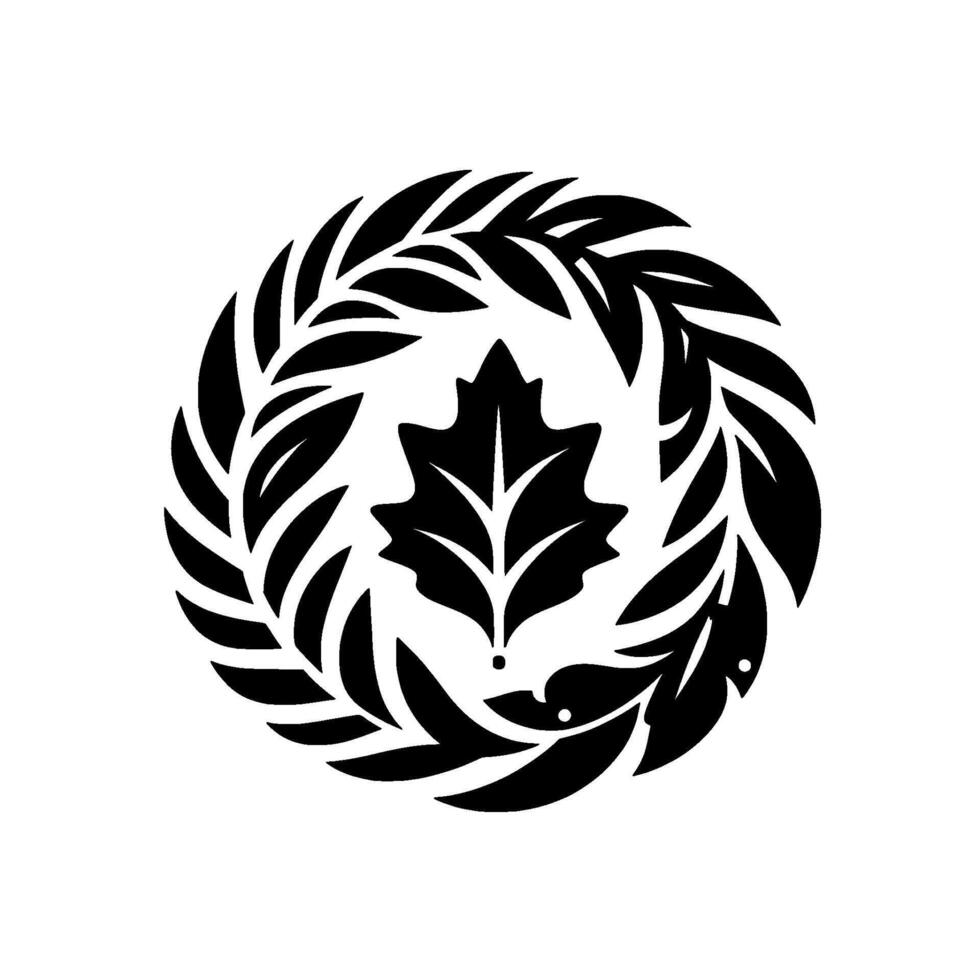 Circular black and white botanical illustration featuring a central stylized leaf surrounded by a wreath of stylized leaves, on a white background. vector