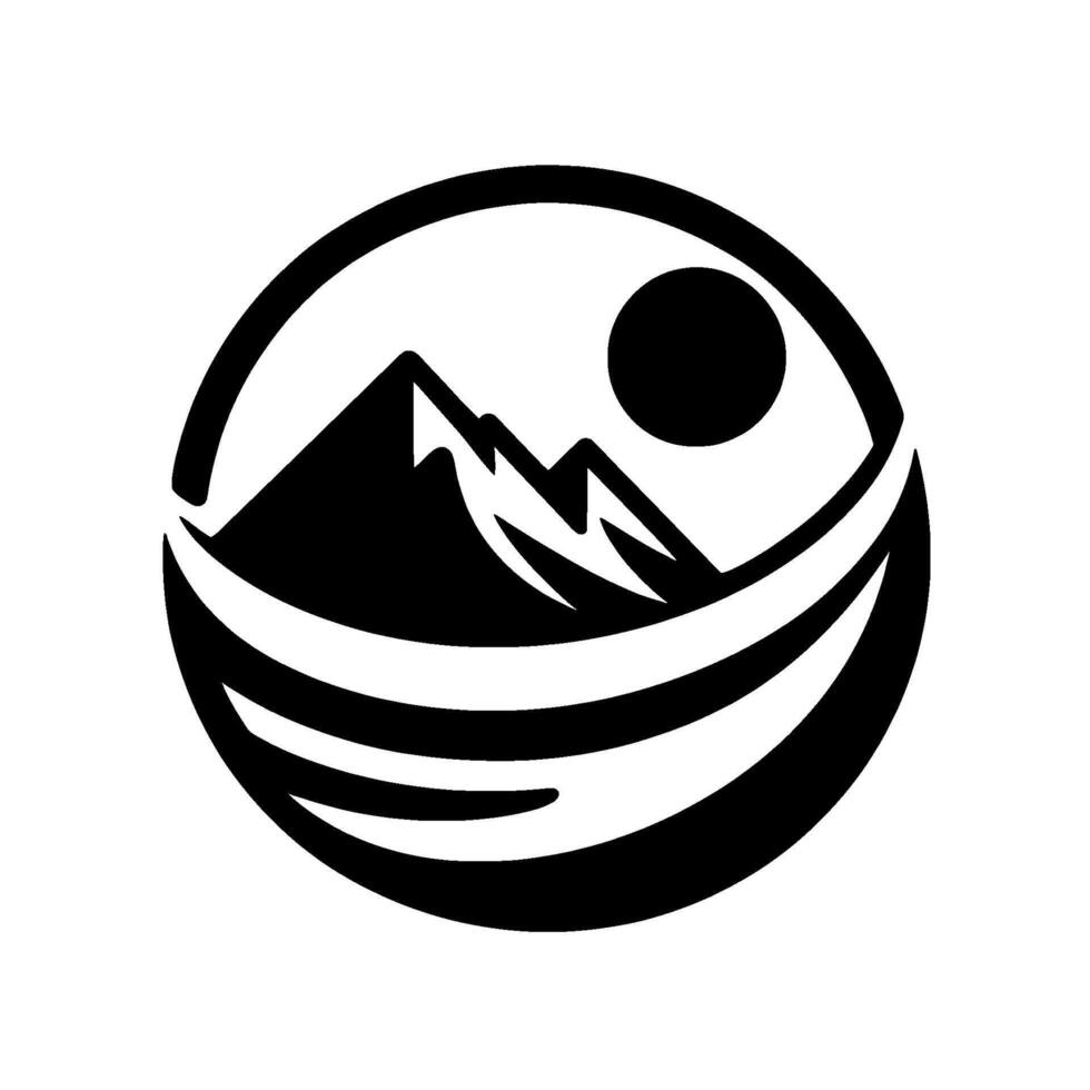 A minimalist black and white circular featuring majestic mountain peaks under a sun, framed by curving lines, embodying natures tranquility. vector