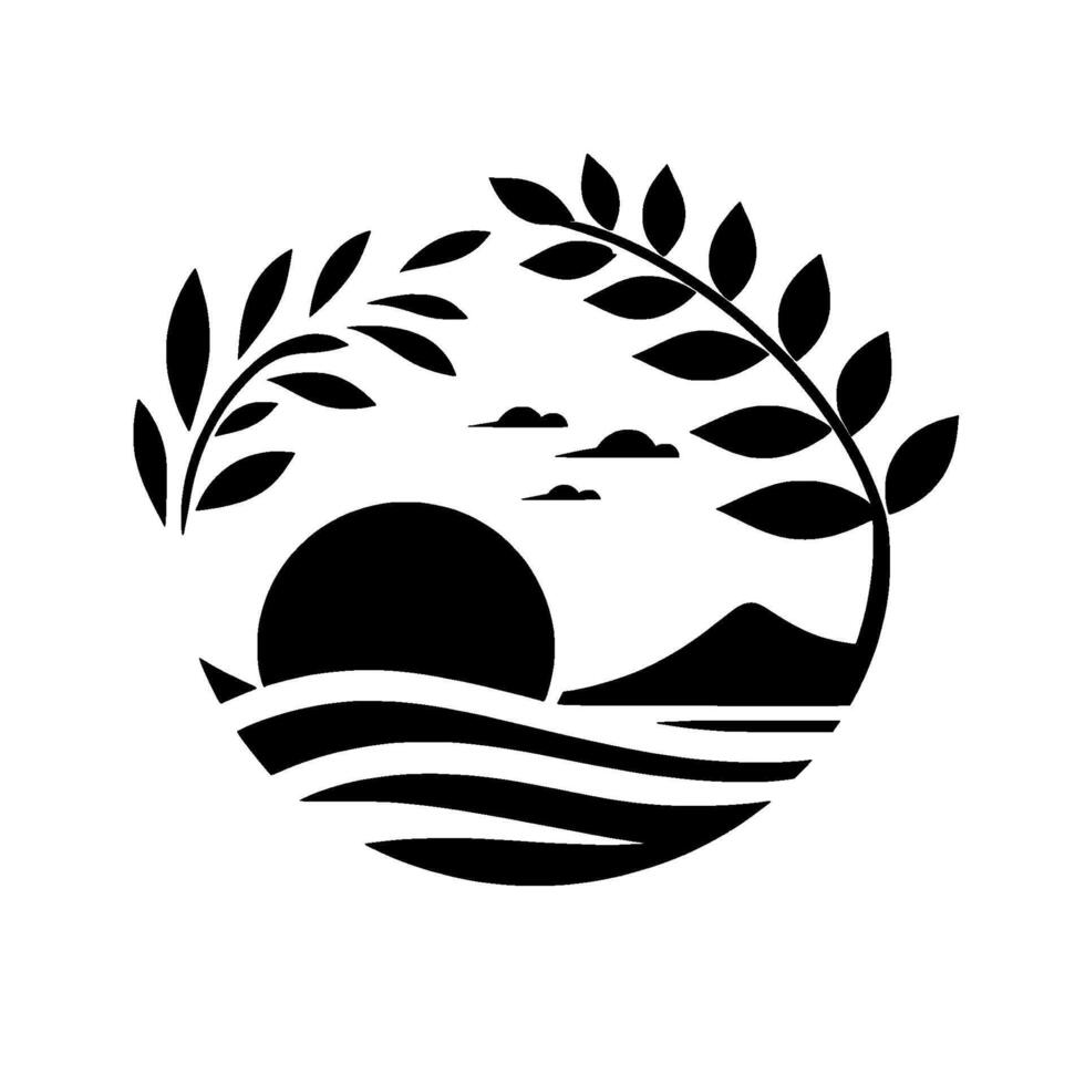 A stylized black and white emblem depicts a sunrise over water with mountains, framed by laurel branches, conveying peace and nature. vector