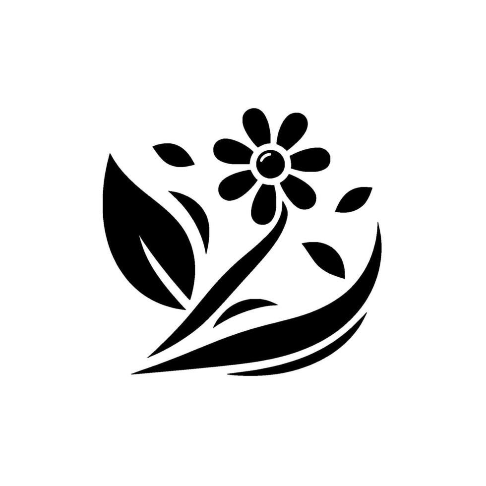 A stylized black and white of a daisy flower with petals, stem, and leaves, set against a pristine white background, creating a modern minimalist design. vector