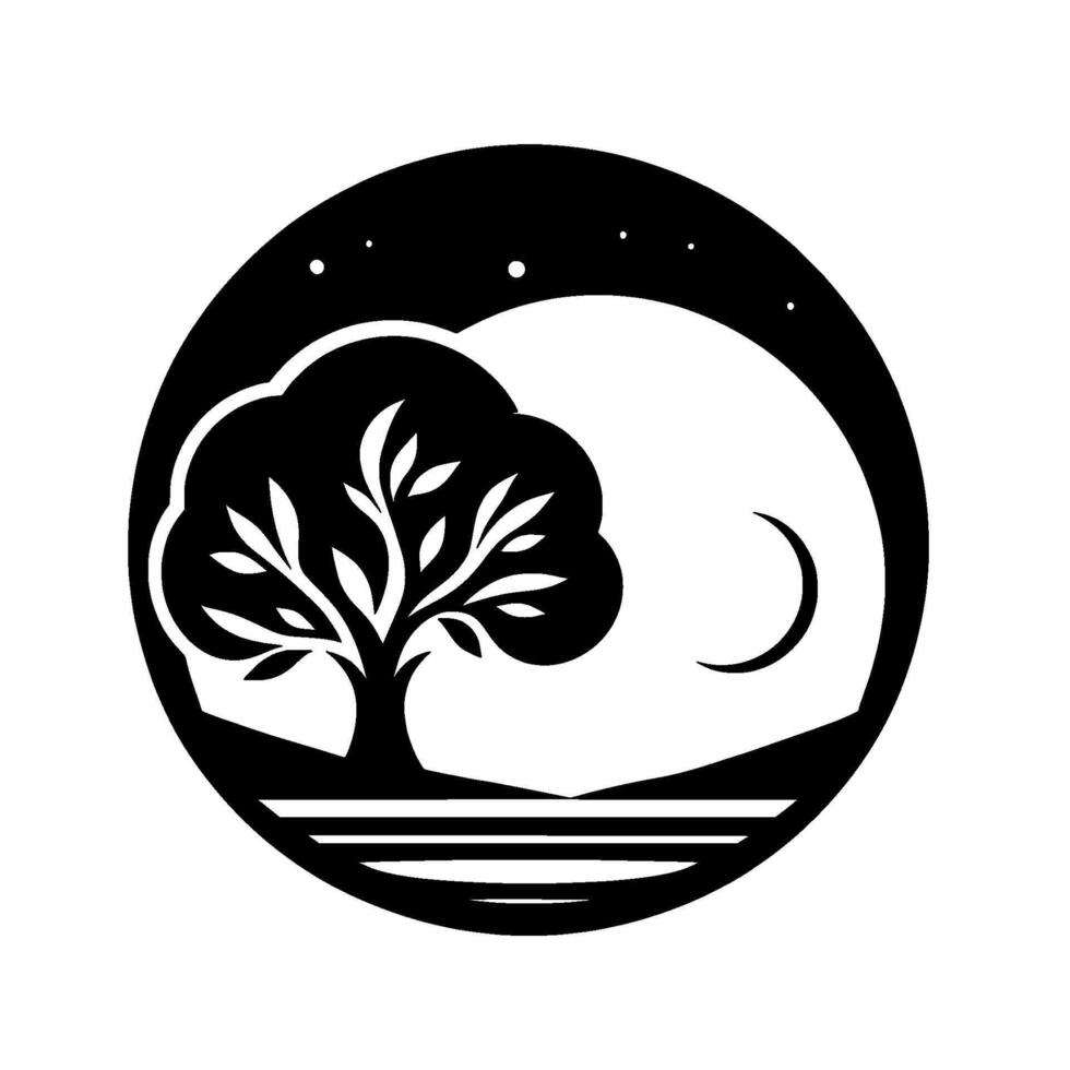 A stylized black and white logo, featuring a silhouetted tree and crescent moon within a circle, set against a starry night. vector