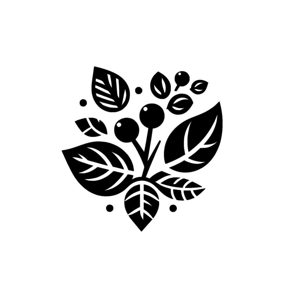 Bold Black and White Botanical Illustration of Leaves, Berries, and Small Circles in a Minimalist Style on White Background. vector