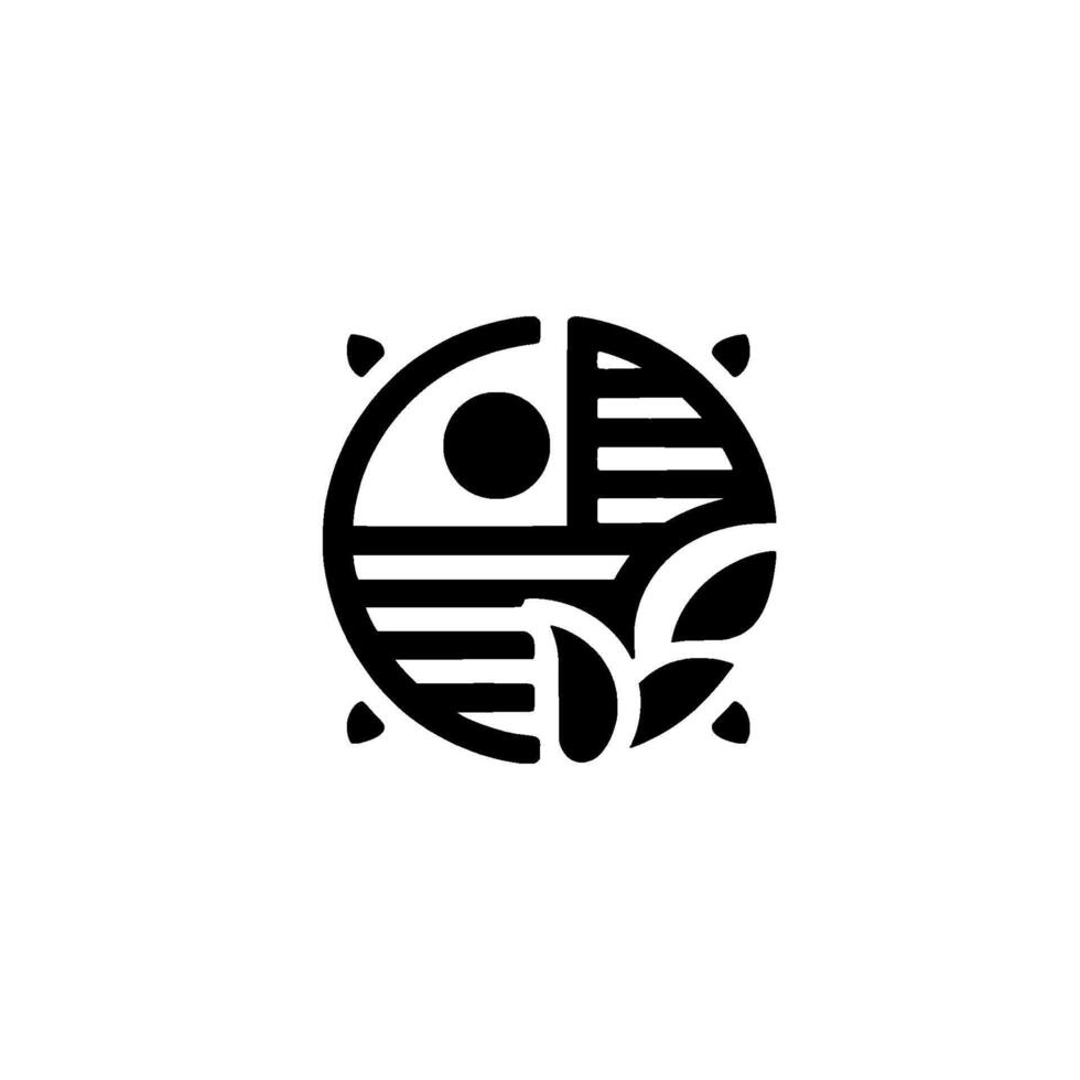 Black and White Minimalist Abstract Logo A circular featuring sun, lines, and leaves, embodying balance and harmony. vector