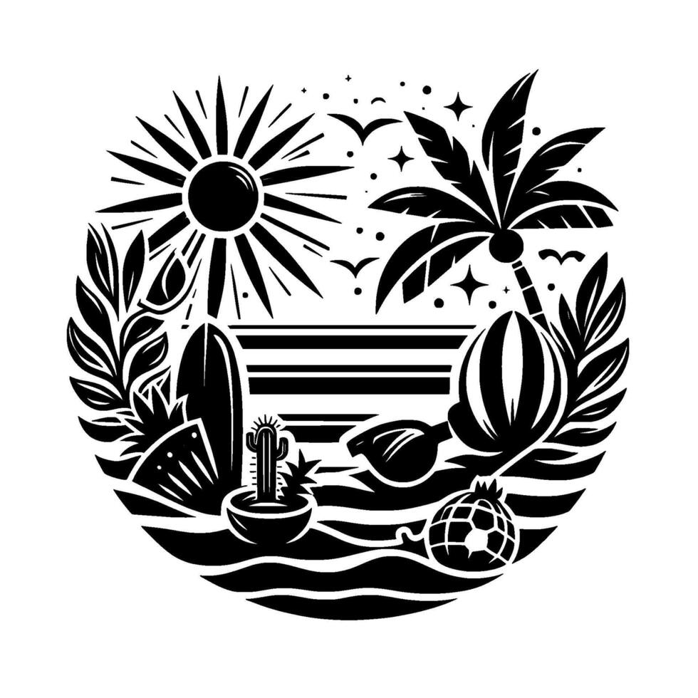 Black and white circular illustration of a beach scene featuring the sun, palm tree, surfboard, and other summer essentials. vector