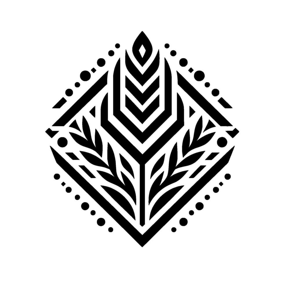 Intricate black and white geometric design, resembling a stylized plant, with a central abstract element surrounded by patterned lines and dotted accents, set against a clean white background. vector