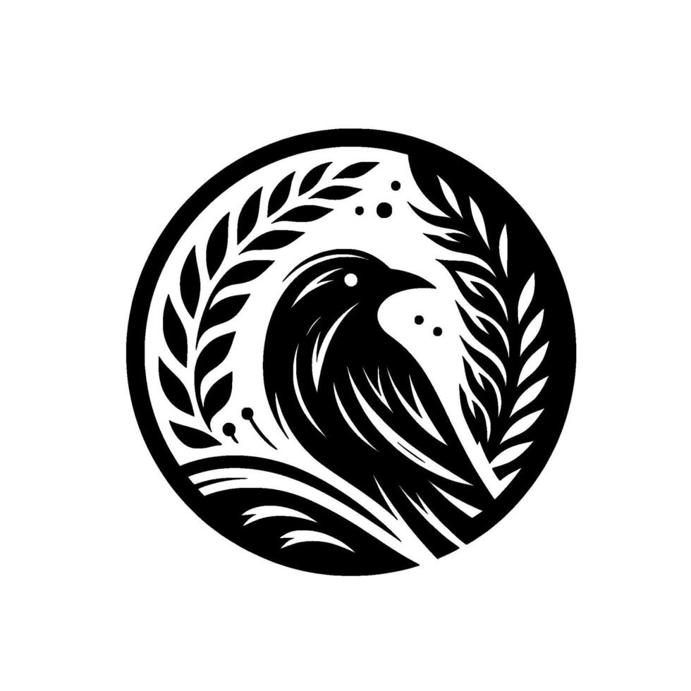 A minimalist black and white features a stylized raven within a circular frame, surrounded by stylized laurel branches, evoking a sense of nature, elegance, and symbolic depth. vector