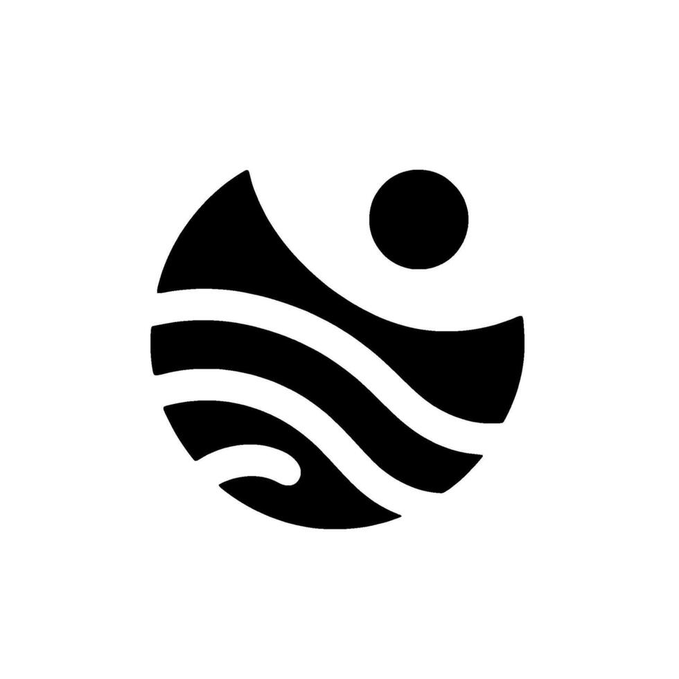 Minimalist emblem featuring a circular shape with stylized wavelike lines and a dot, representing serenity and harmony. vector