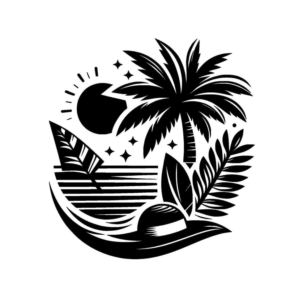 Serene Black and White Tropical Illustration Palm Tree, Sun, Surfboard, and Hat on a Beachy Day, capturing the essence of relaxation. vector