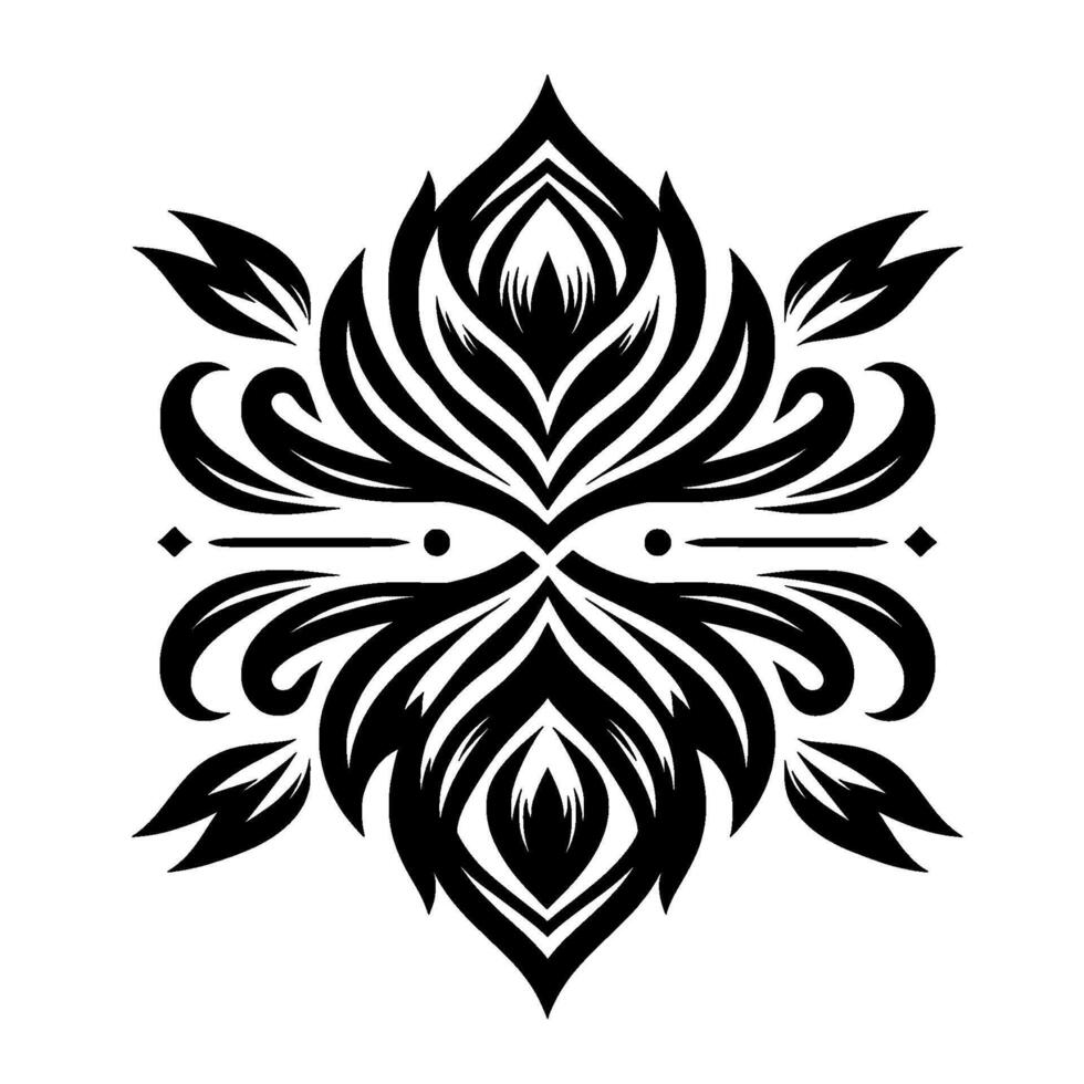 Symmetrical Floral Black and White Illustration Detailed ornamental with stylized leaves, petals, and a central eyelike motif on a clean, white background. vector