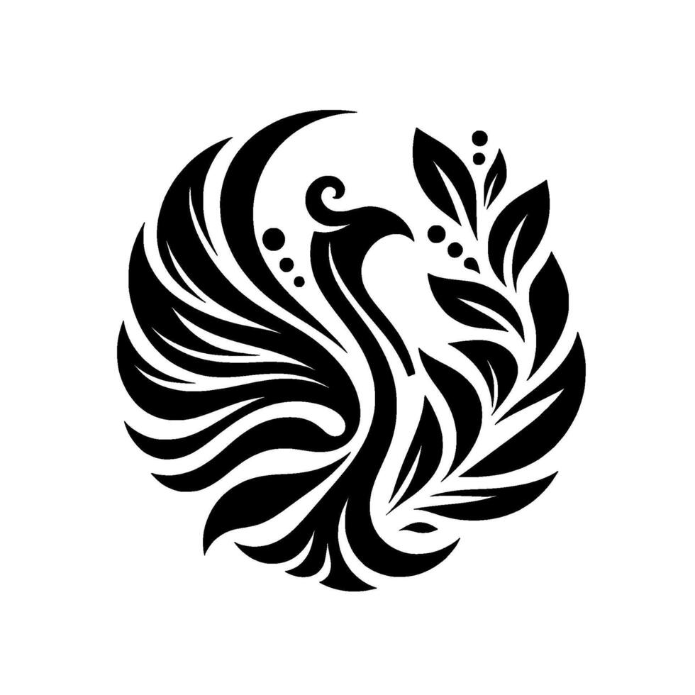 A stylized, minimalist black and white phoenix emblem, encompassed in a circular with decorative leaves and dots, set against a plain background. vector