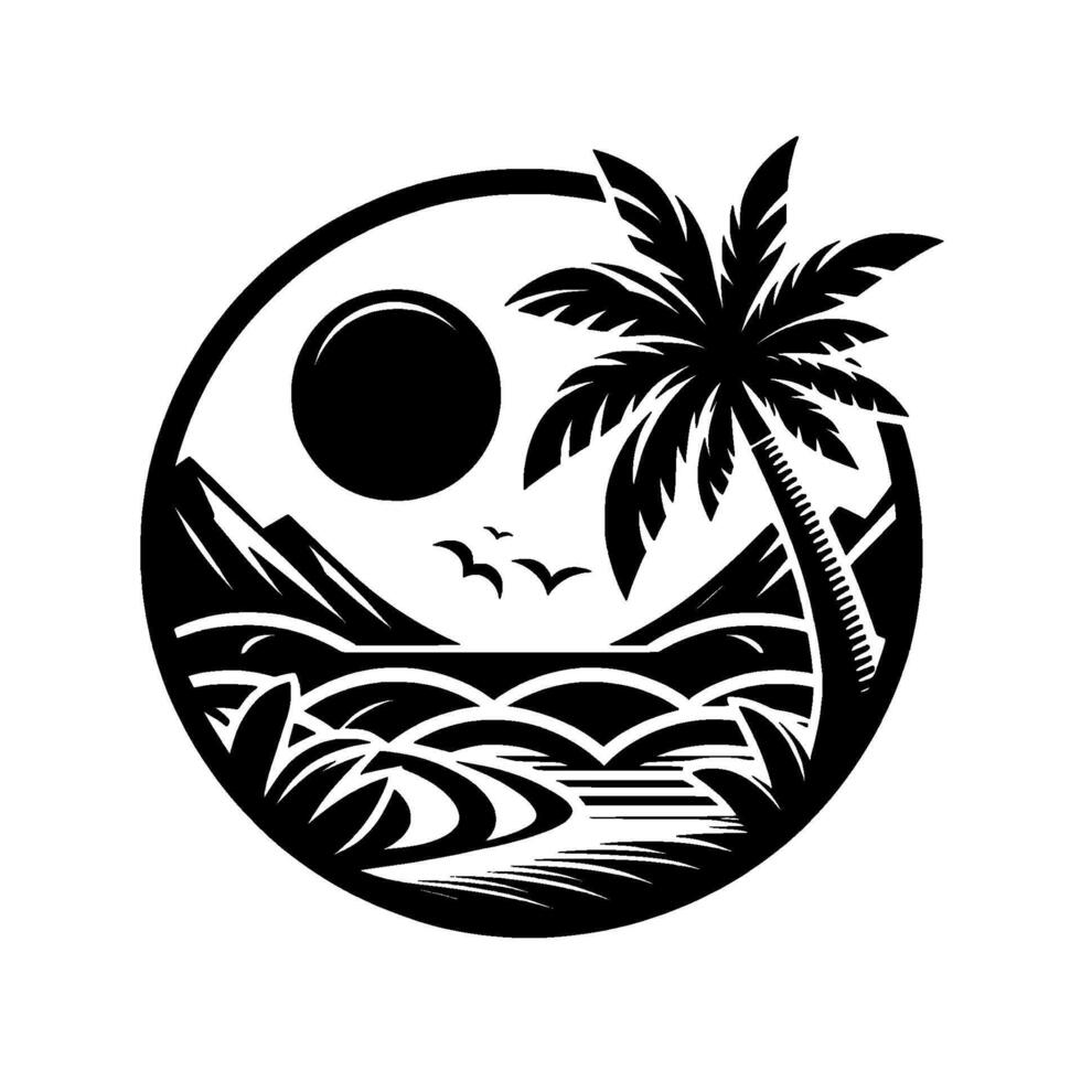 A minimalist black and white circular illustration of a tropical beach scene, with a palm tree, sun, mountains, waves, and flying birds, evoking serenity. vector