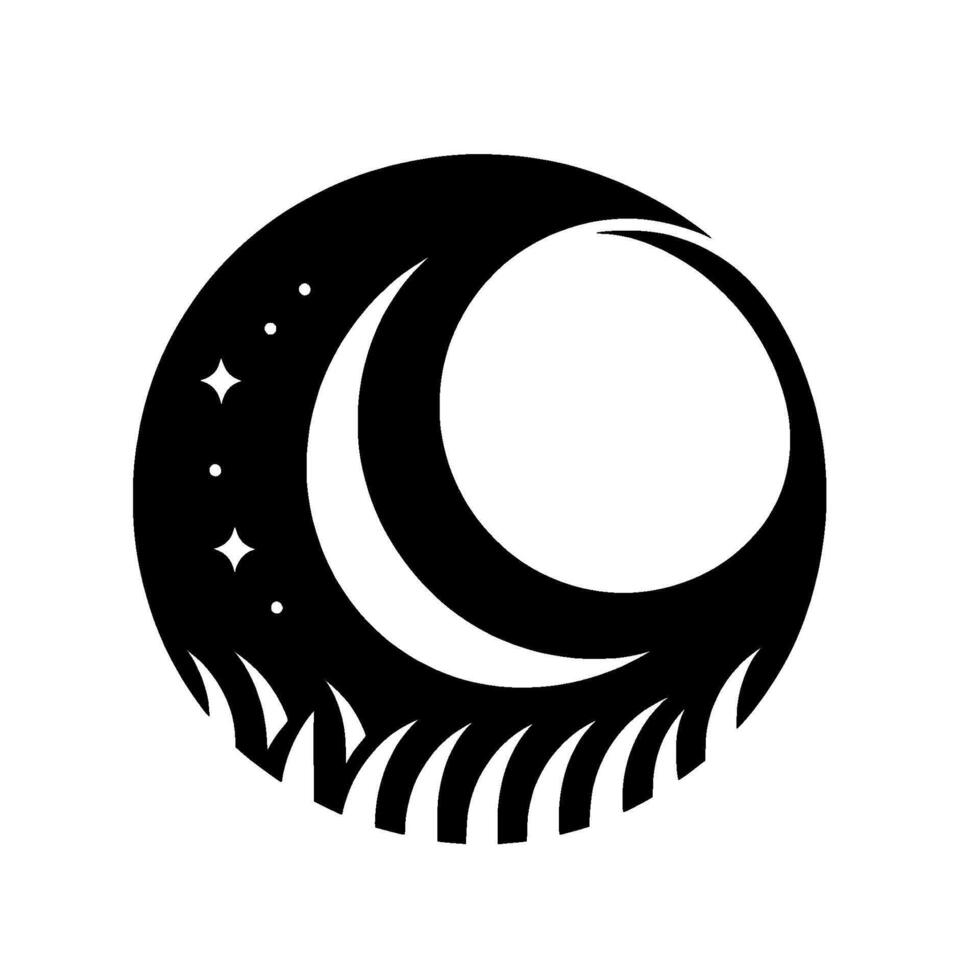 Minimalist Night Scene Crescent Moon and Stars Encircled by a Black Silhouette with a Grassy Base on a White Background. vector