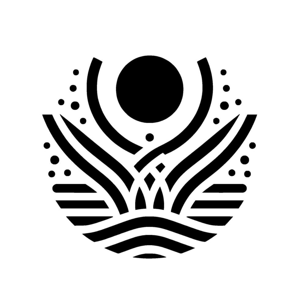 Abstract Monochrome Circular Featuring a Central Sun and Flowing Lines, Symbolizing Growth and Harmony on a White Background. vector