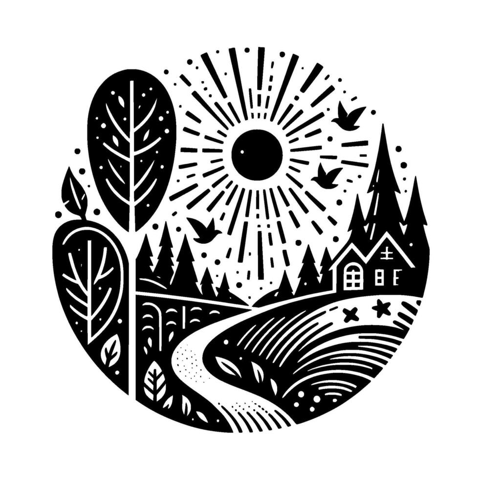 A stylized circular landscape depicting a sunny forest scene with a cabin, trees, a winding road, and birds in flight, rendered in bold black and white. vector