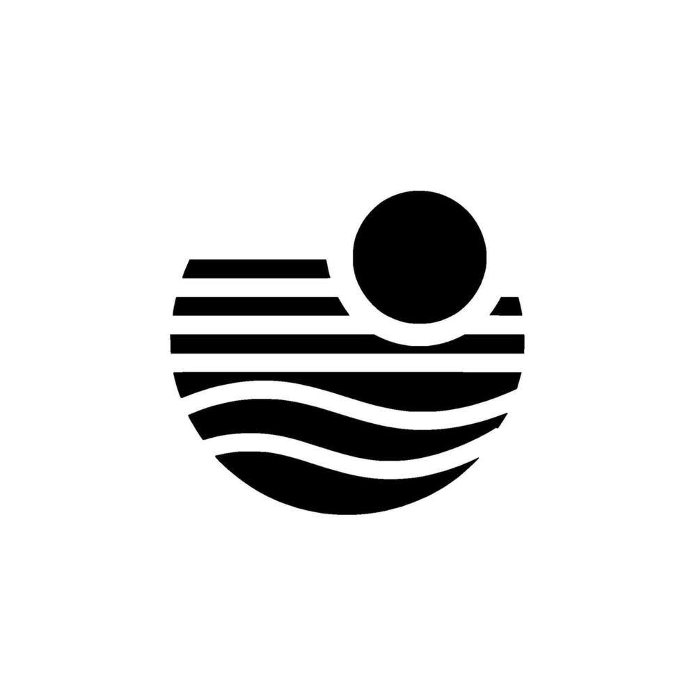 A minimalist black and white abstract evoking sunrise or sunset over water, with horizontal stripes and flowing lines, and a solid circle element. vector