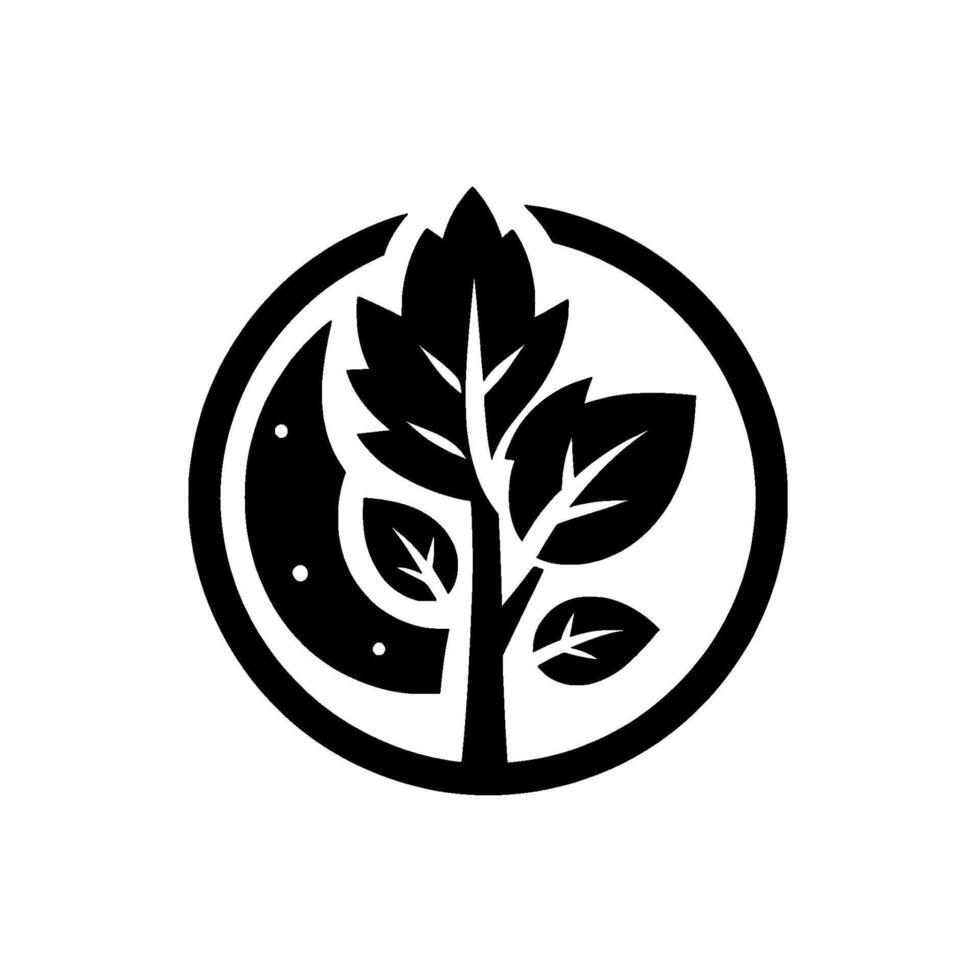 A minimalist black and white of a stylized tree with leaves within a circle, a crescent moon and stars also in the circle, evoking themes of nature and serenity. vector