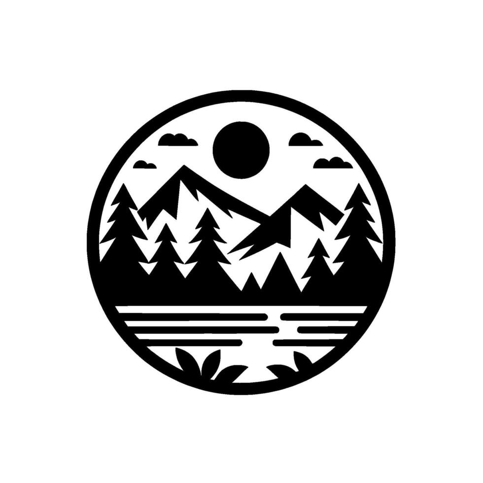 Minimalist Black and White Circular Landscape Illustration Mountains, Trees, Lake, Sun, and Clouds, Representing Natures Tranquility. vector