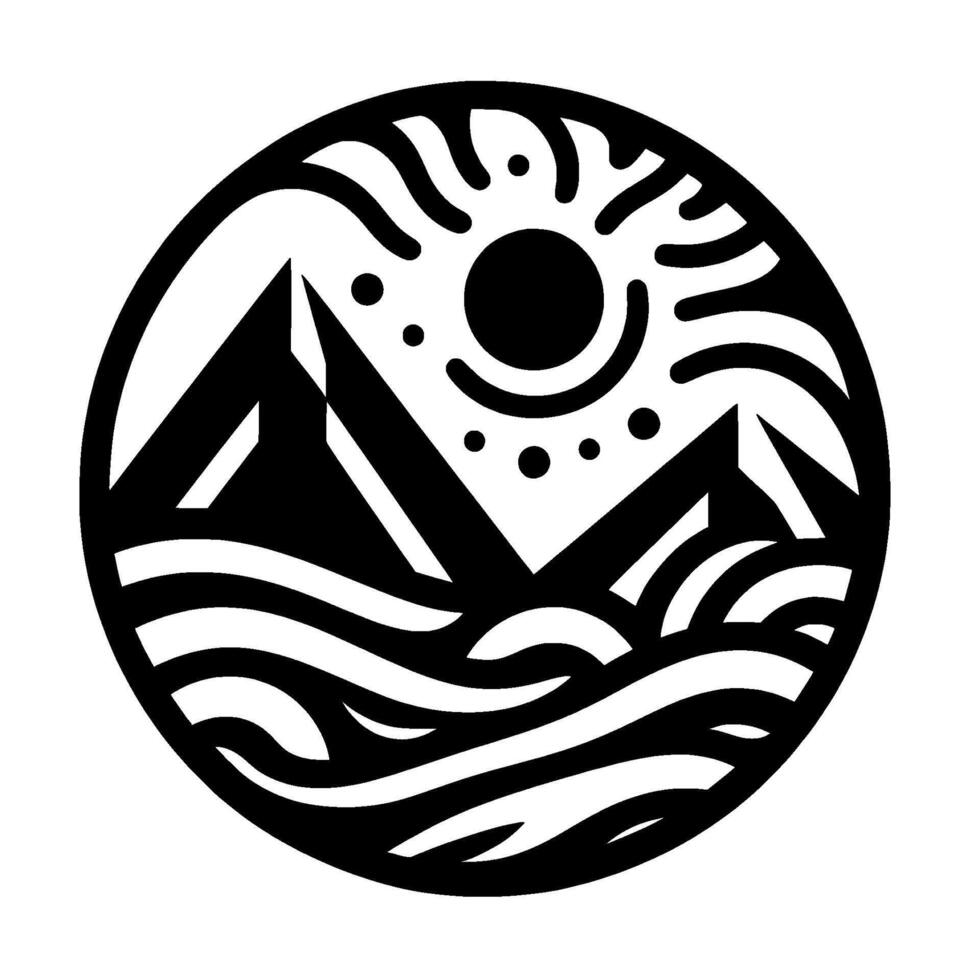 Stylized black and white circular emblem showcasing mountains, sun, and sea in a minimalist design, evoking a sense of adventure and the great outdoors. vector