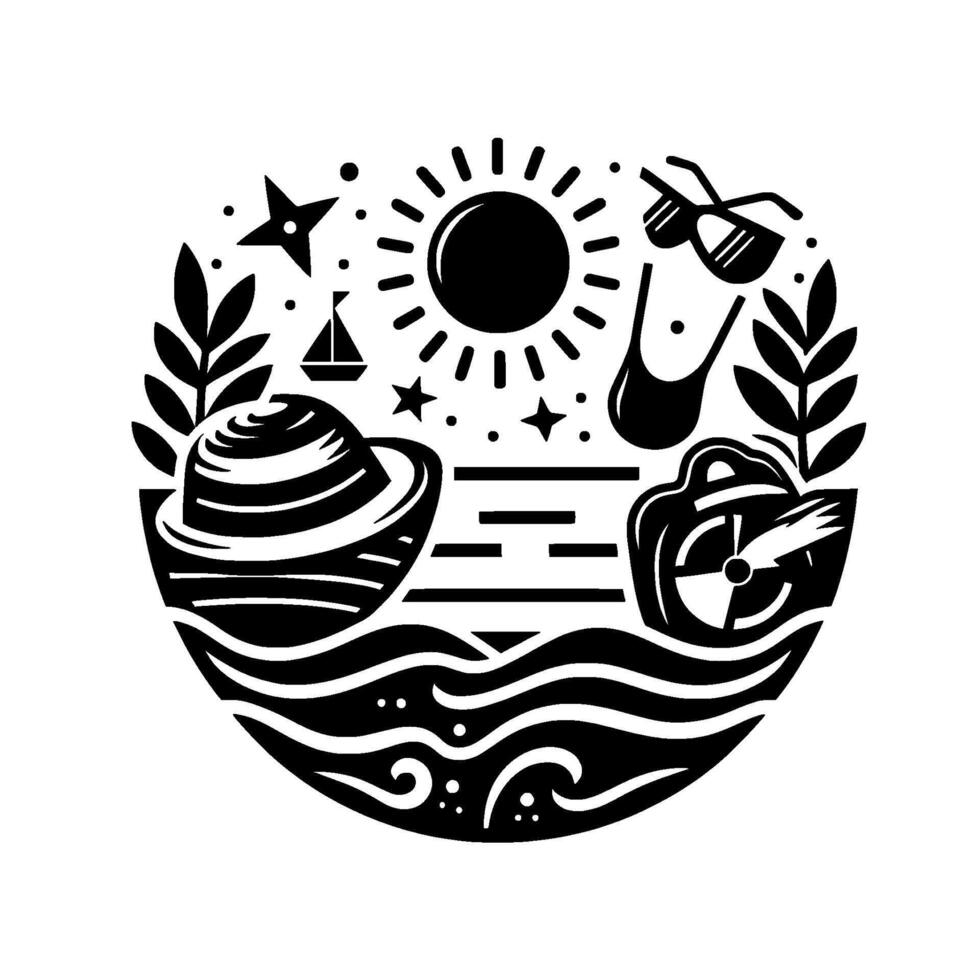 Whimsical Black and White Beach Scene Sun, Waves, Hat, Sunglasses, and More, Enclosed in a Circular Design. vector