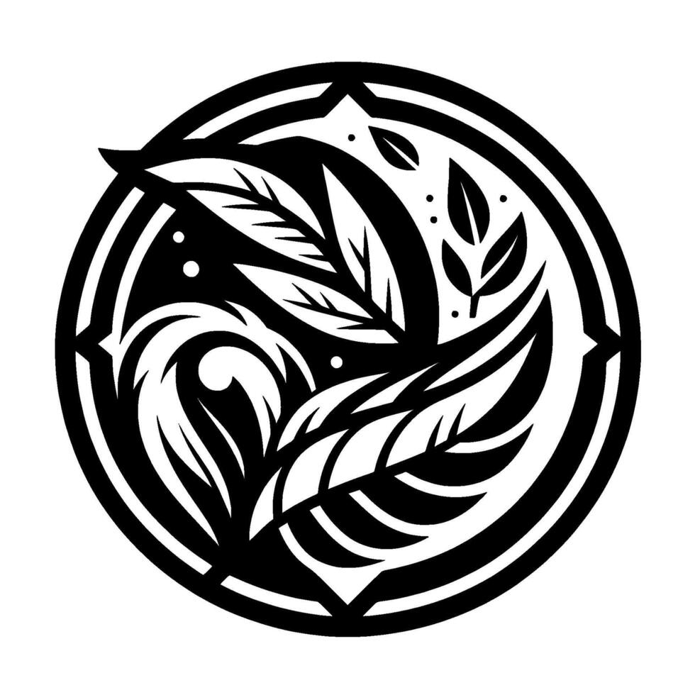 Intricate Black and White Emblem Featuring Stylized Leaves and Botanical Elements within a Circular Frame, Representing Natures Harmony. vector