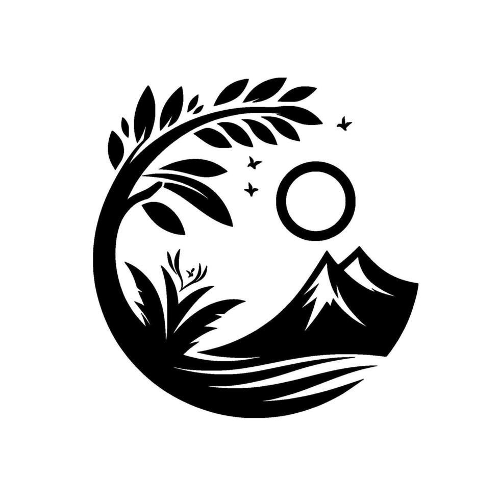 Circular monochrome landscape, featuring a stylized tree, mountains, sun, birds, and water, showcasing natures harmonious balance. vector