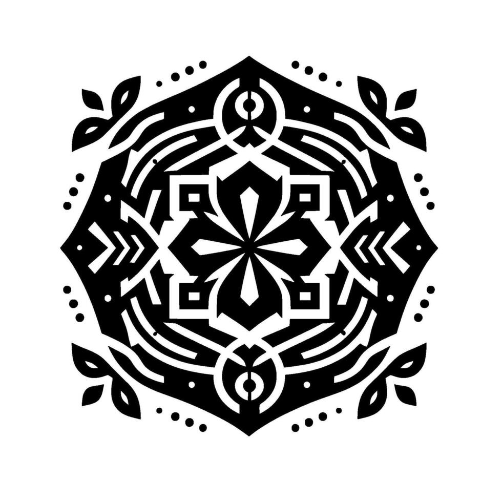 Intricate black and white symmetrical geometric featuring a central starlike motif with stylized floral and arrowlike elements in an octagonal frame, with dotted border accents. vector