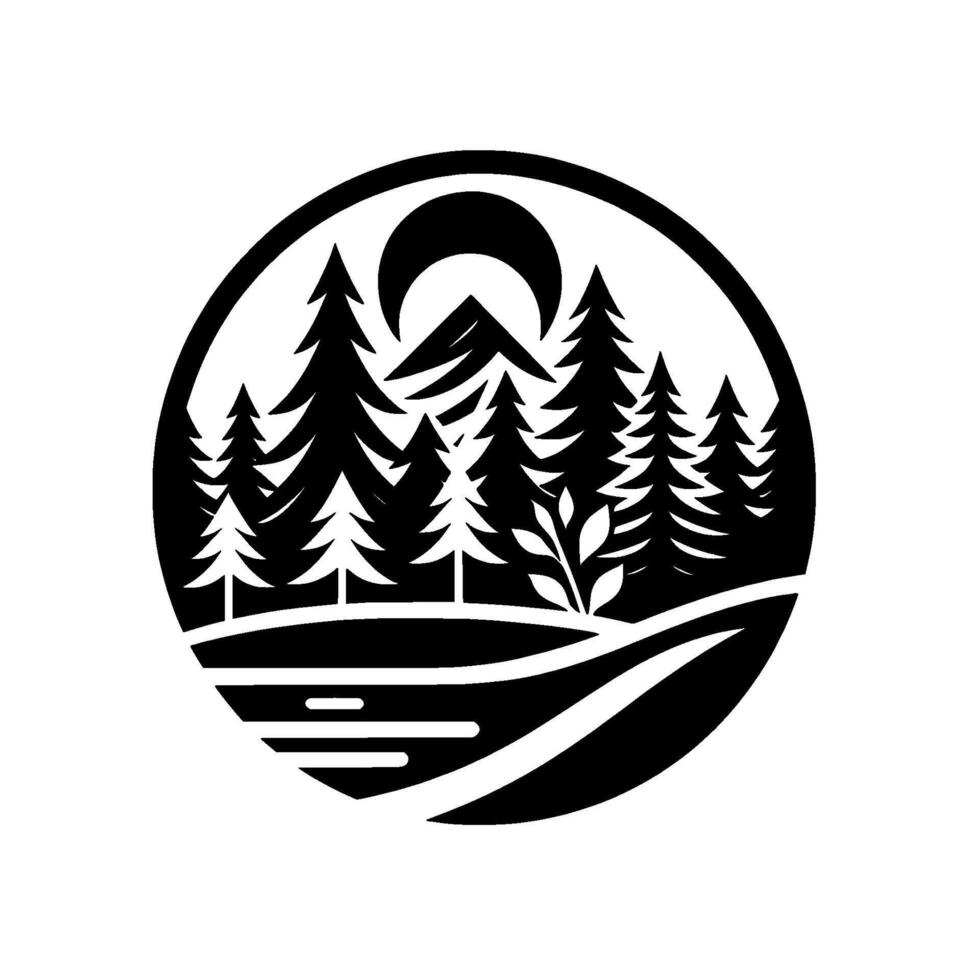 Black and white minimalist circular illustration of a forest landscape featuring pine trees, a stylized mountain, a crescent moon, and a body of water in a serene, style. vector