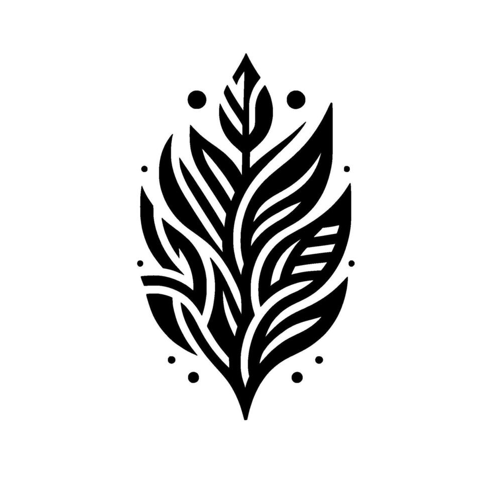 Stylized Black and White Leaf with Ornate Patterns, Dot Accents, and a Clean, Modern Aesthetic. vector