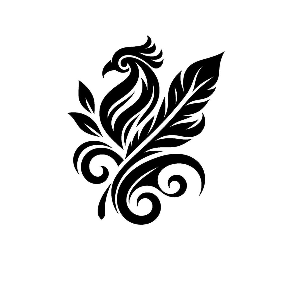 Elegant Black and White Phoenix Illustration with Ornamental Feather and Swirls on a Light Background. vector
