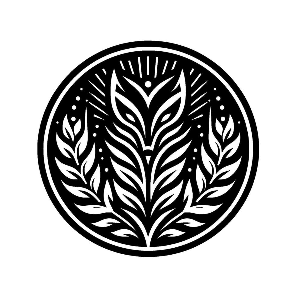A stylized, black and white circular emblem featuring a stylized fox face surrounded by foliage, evoking nature, elegance, and a sense of mystery. vector