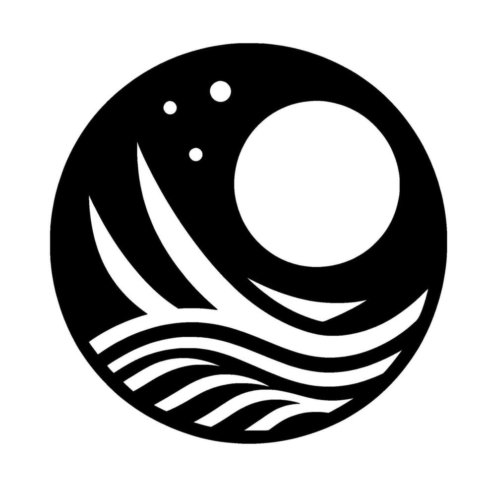 Abstract black and white depicting a circular with a full moon, stars, and stylized waves, creating a serene, minimalist scene. vector
