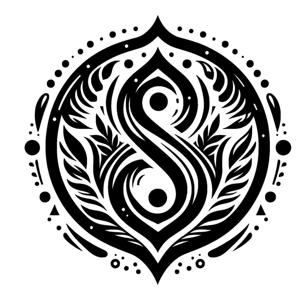 Intricate symmetrical black and white ornamental featuring stylized curves, leaf elements, dots, and an abstract figure. vector