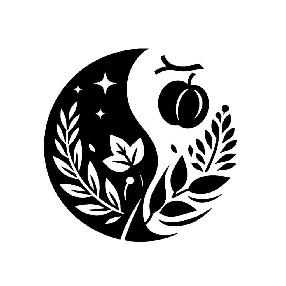 YinYang Harmony Celestial Orchard, a stylized emblem blending floral and astral elements in contrasting black and white. vector