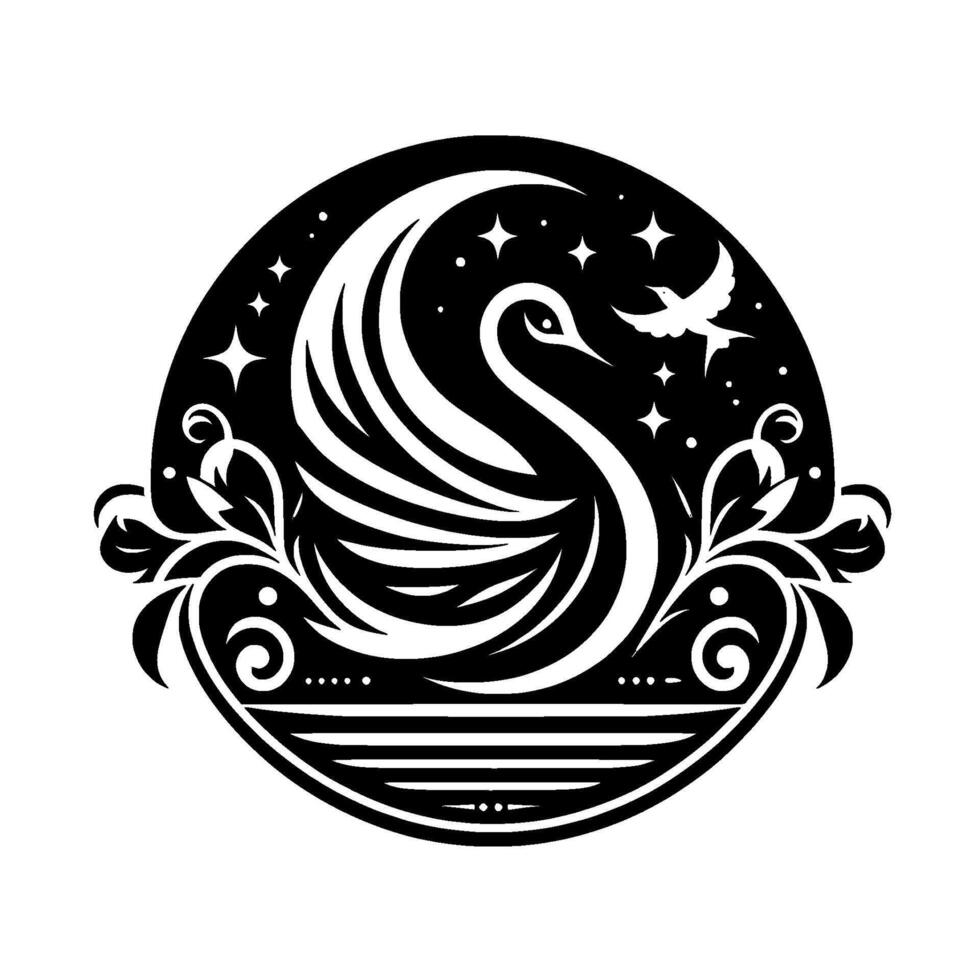 Elegant Black and White Swan Design Silhouette of a swan with starfilled night sky, floral and water elements, enclosed in a circular frame. vector