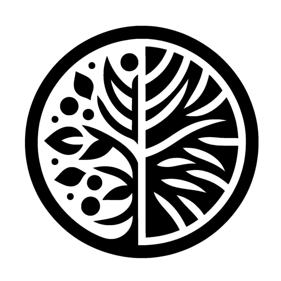 A symmetrical yinyang style illustration featuring a stylized tree of life divided into two halves, one with leaves and the other with branches, set in a circular frame. vector