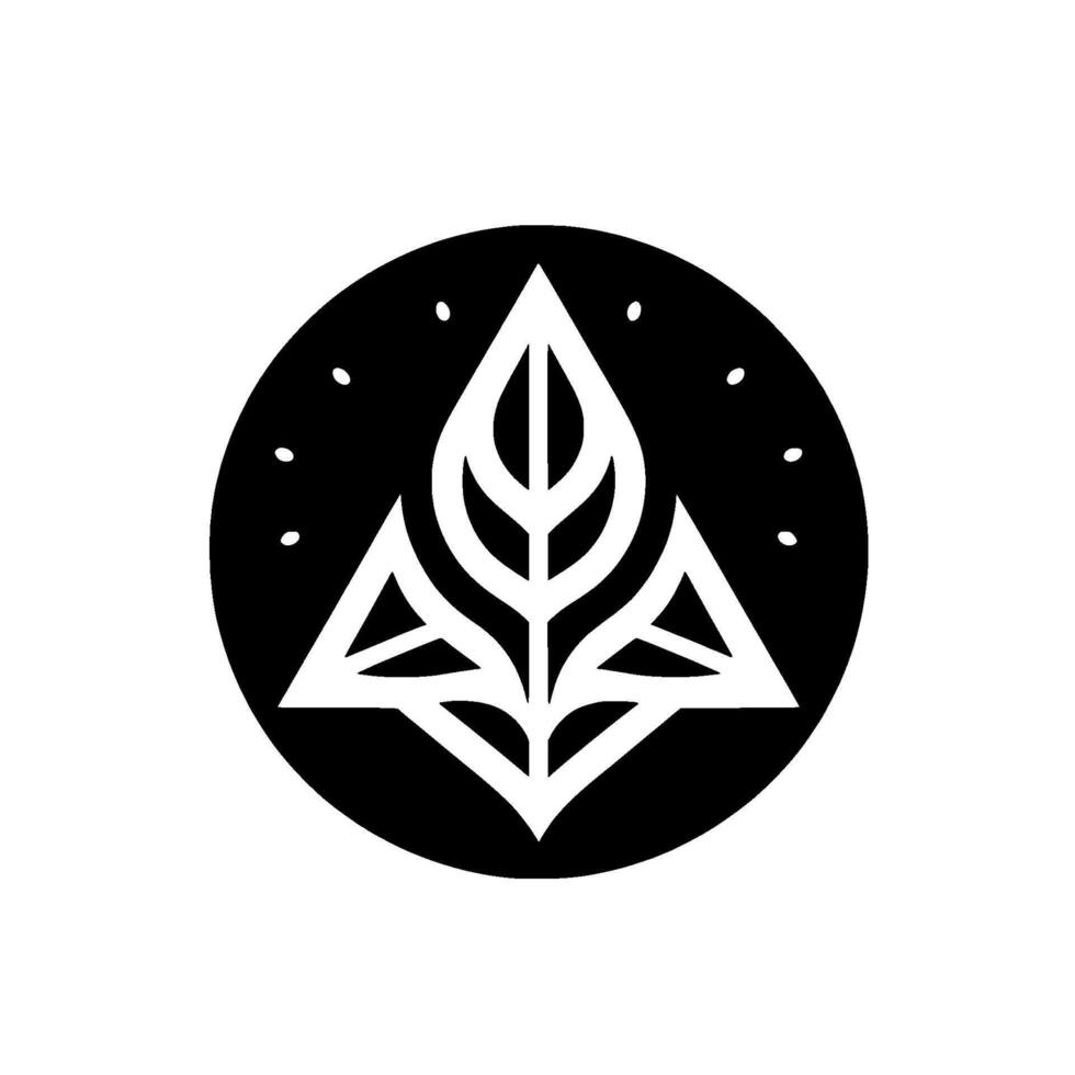 A minimalist featuring a symmetrical, stylized leaf arrangement within a white triangle, enclosed in a black circle with dotted accents, against a clean white background. vector