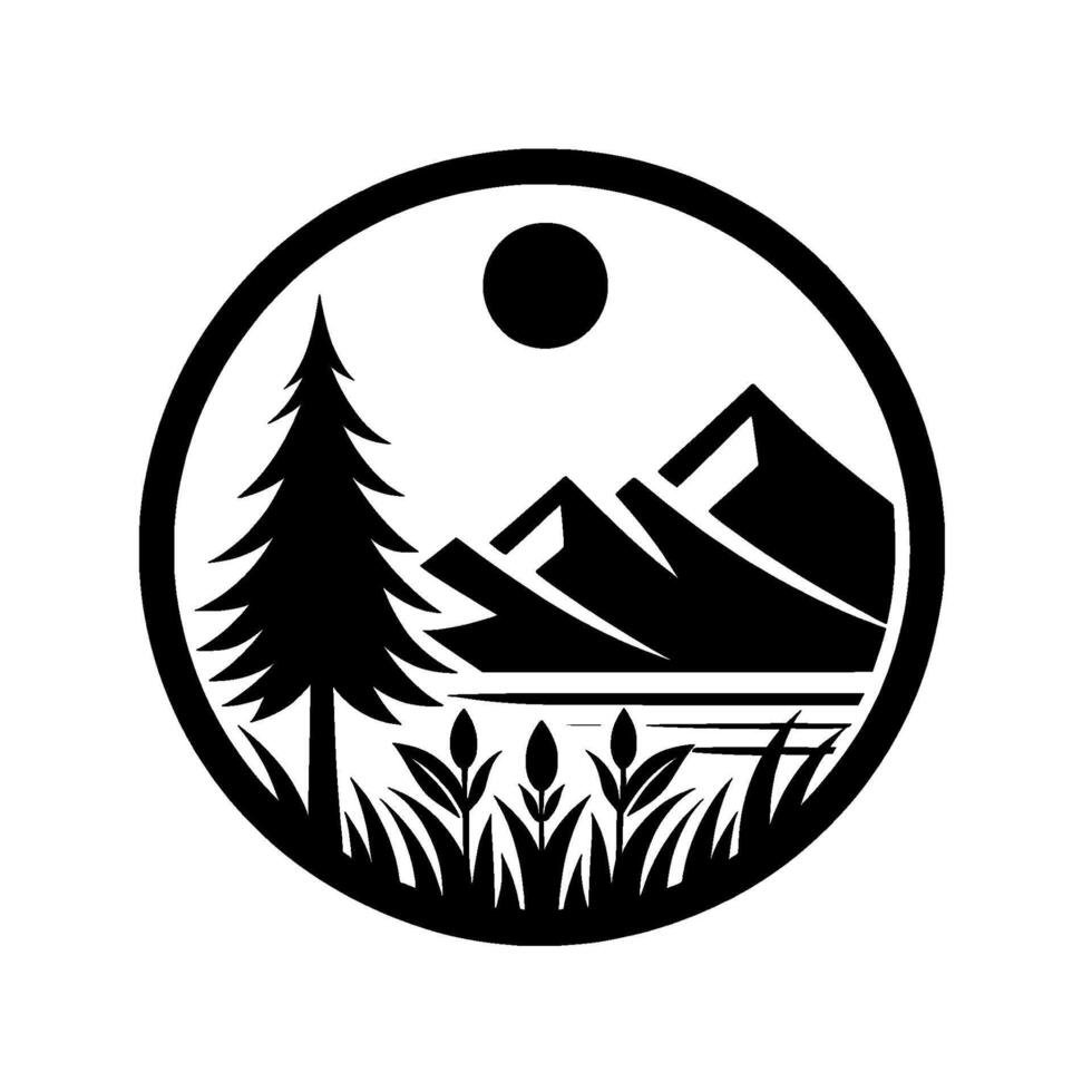 A monochrome circular showcasing a mountain landscape with a conifer, lake, grass, sun, and bold lines, conveying natures serenity. vector