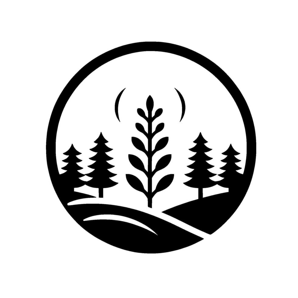 Symbolic nature within a circle, featuring stylized trees, hills, and a central plant under a radiant arc, rendered in contrasting black and white. vector