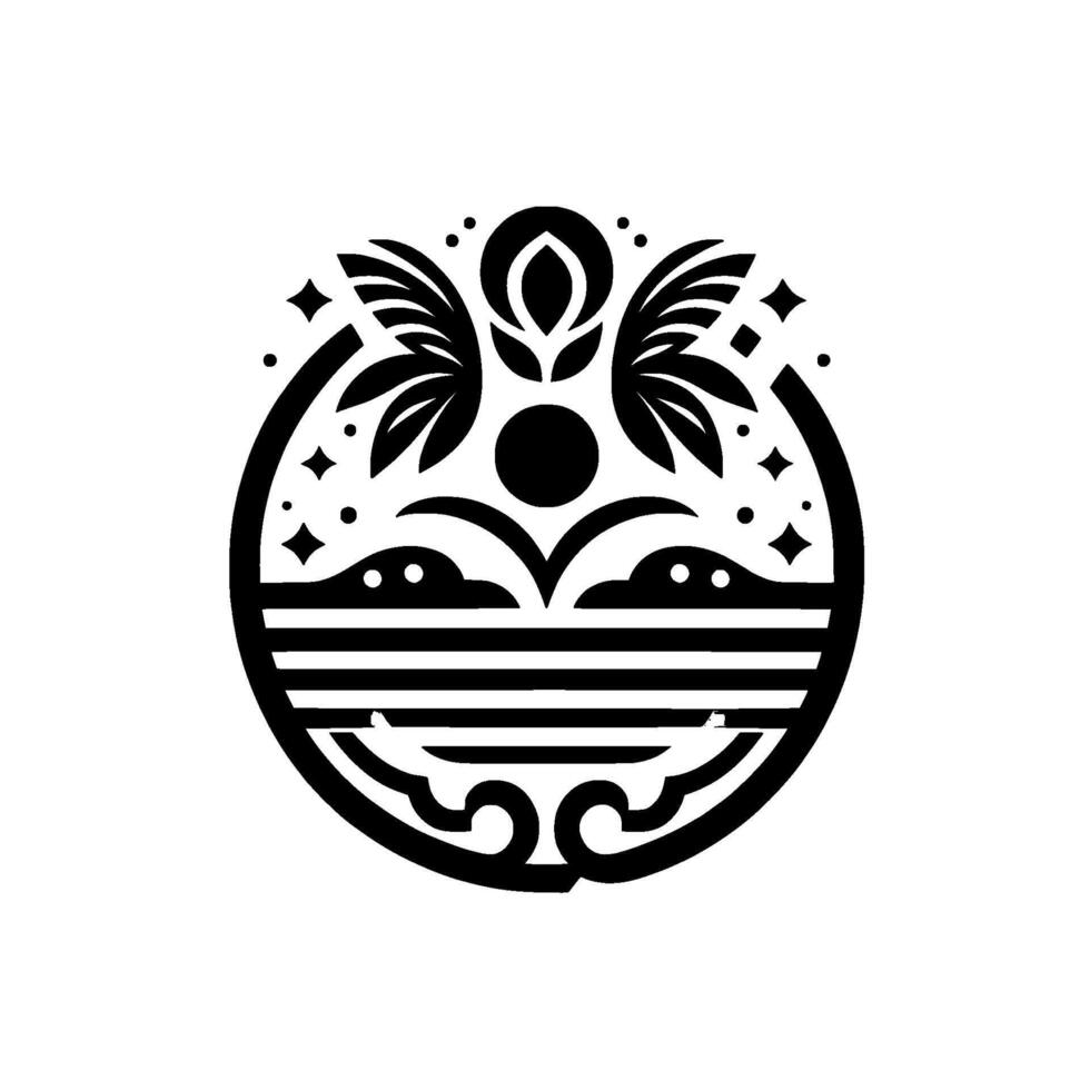Symbolic Black and White Circular with Palm Fronds, Sun, Stars, Clouds, and Geometric Ornamentation. vector