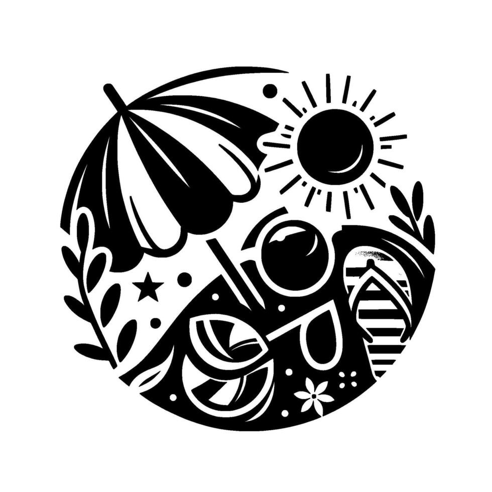 A circular monochrome summer scene, featuring an umbrella, sunglasses, sun, flipflops, star, fruit, and flora, embodying vacation vibes. vector