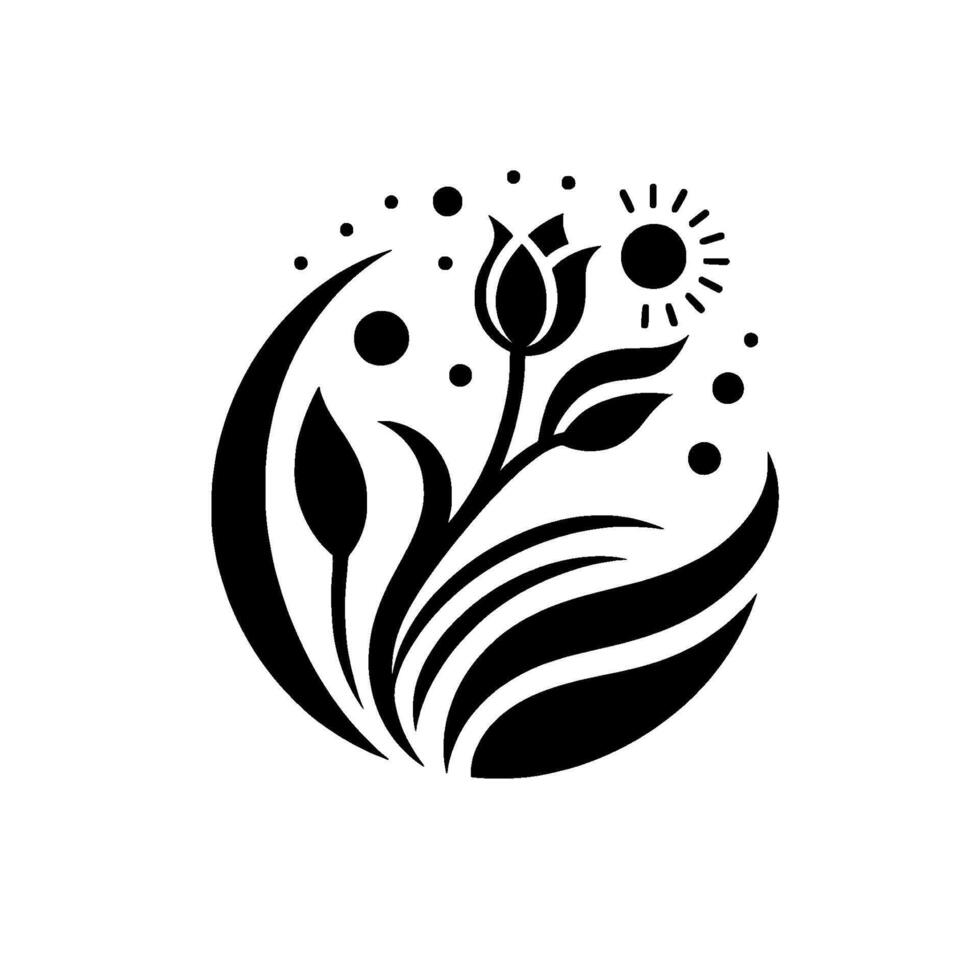 Minimalist Black White Floral Emblem A Tulip, Sun, and Organic Foliage Arranged in a Circular Design. vector